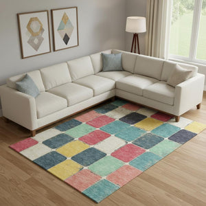 HomeRoots 10' X 14' Teal Blush & Yellow Geometric Area Rug - Washable, UV-Protected, Stylish for Family Rooms 709138