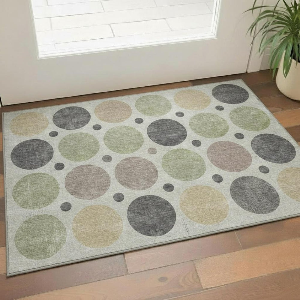 HomeRoots 5' X 8' Stylish Geometric Area Rug in Beige, Charcoal & Green - Washable, UV Protected & Non-Slip! 709140