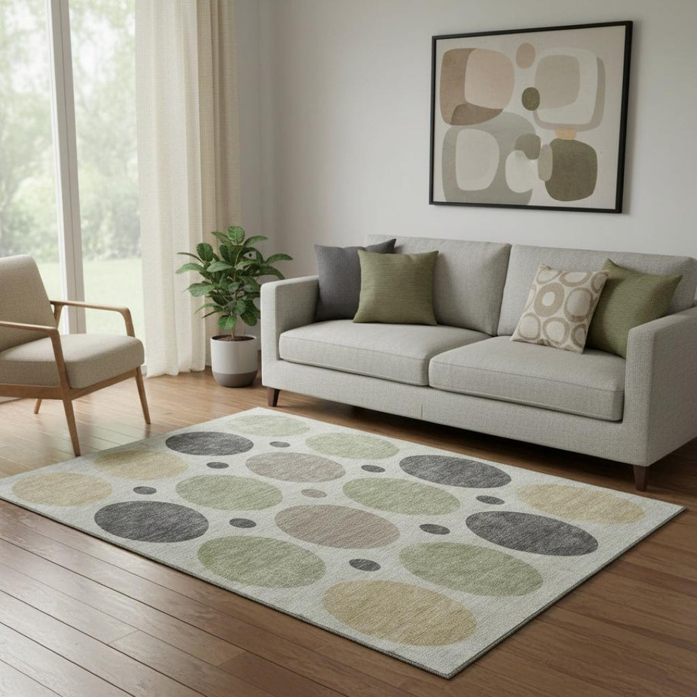 HomeRoots 8' Durable Beige, Charcoal & Green Washable Geometric Round Rug with UV Protection for Any Space 709141