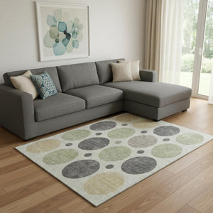 HomeRoots 9' X 12' Geometric Washable Area Rug in Beige, Charcoal & Green - Durable, UV Protected & Stylish! 709143