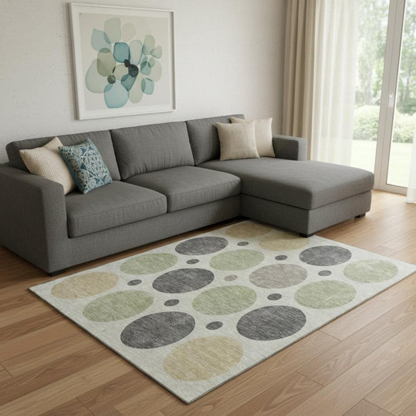 HomeRoots 9' X 12' Geometric Washable Area Rug in Beige, Charcoal & Green - Durable, UV Protected & Stylish! 709143