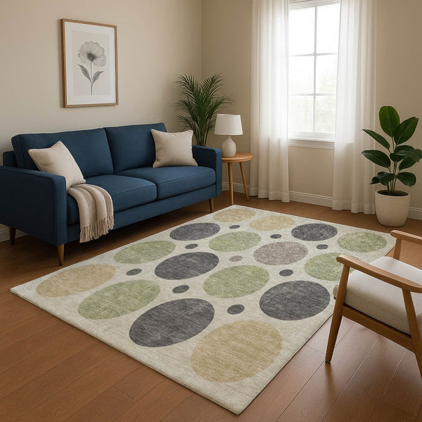 HomeRoots 9' X 12' Geometric Washable Area Rug in Beige, Charcoal & Green - Durable, UV Protected & Stylish! 709143
