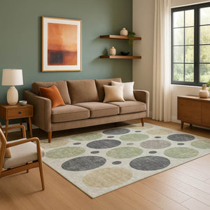 HomeRoots 9' X 12' Geometric Washable Area Rug in Beige, Charcoal & Green - Durable, UV Protected & Stylish! 709143