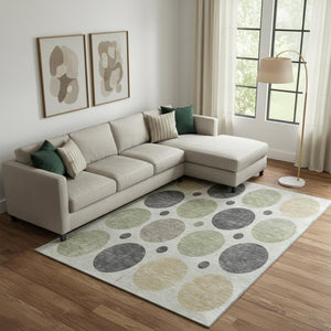 HomeRoots 10' x 14' Washable Geometric Area Rug in Beige, Charcoal & Green - UV Protected, Kid & Pet Friendly! 709144