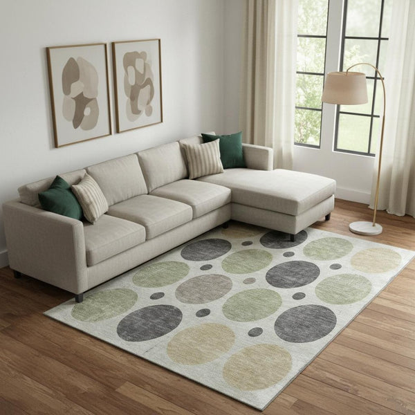 HomeRoots 10' x 14' Washable Geometric Area Rug in Beige, Charcoal & Green - UV Protected, Kid & Pet Friendly! 709144