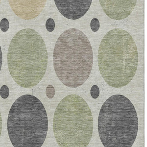 HomeRoots 10' x 14' Washable Geometric Area Rug in Beige, Charcoal & Green - UV Protected, Kid & Pet Friendly! 709144