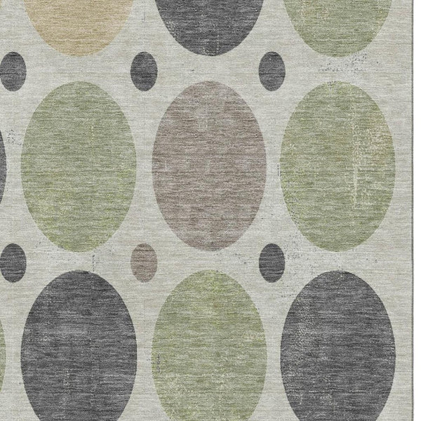 HomeRoots 10' x 14' Washable Geometric Area Rug in Beige, Charcoal & Green - UV Protected, Kid & Pet Friendly! 709144