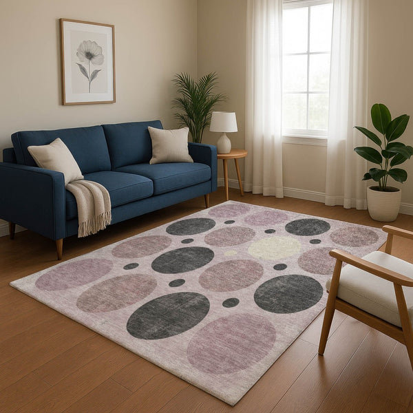 HomeRoots 5' Geometric Washable Area Rug in Blush, Charcoal & Ivory - Durable, Stain Resistant & UV Protected 709146