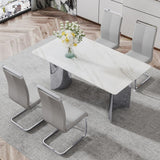 Hearth and Haven Modern Minimalist Dining Table. Imitation Marble Glass Sticker Desktop, Stainless Steel Legs, Stable and Beautiful. 4 Premium Leatherette Seats. 63 Inches x 35.4 Inches x 29.5 Inches Dt-69 C-1162 W1151S00838 W1151S00838