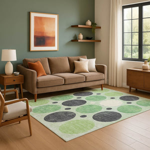 HomeRoots 5' X 8' Geometric Washable Area Rug in Green, Ivory & Charcoal – UV Protected, Non-Slip Design! 709152