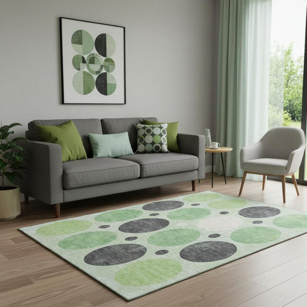 HomeRoots 8' Modern Geometric Washable Round Rug in Green, Ivory & Charcoal - UV Protected & Stain Resistant 709153