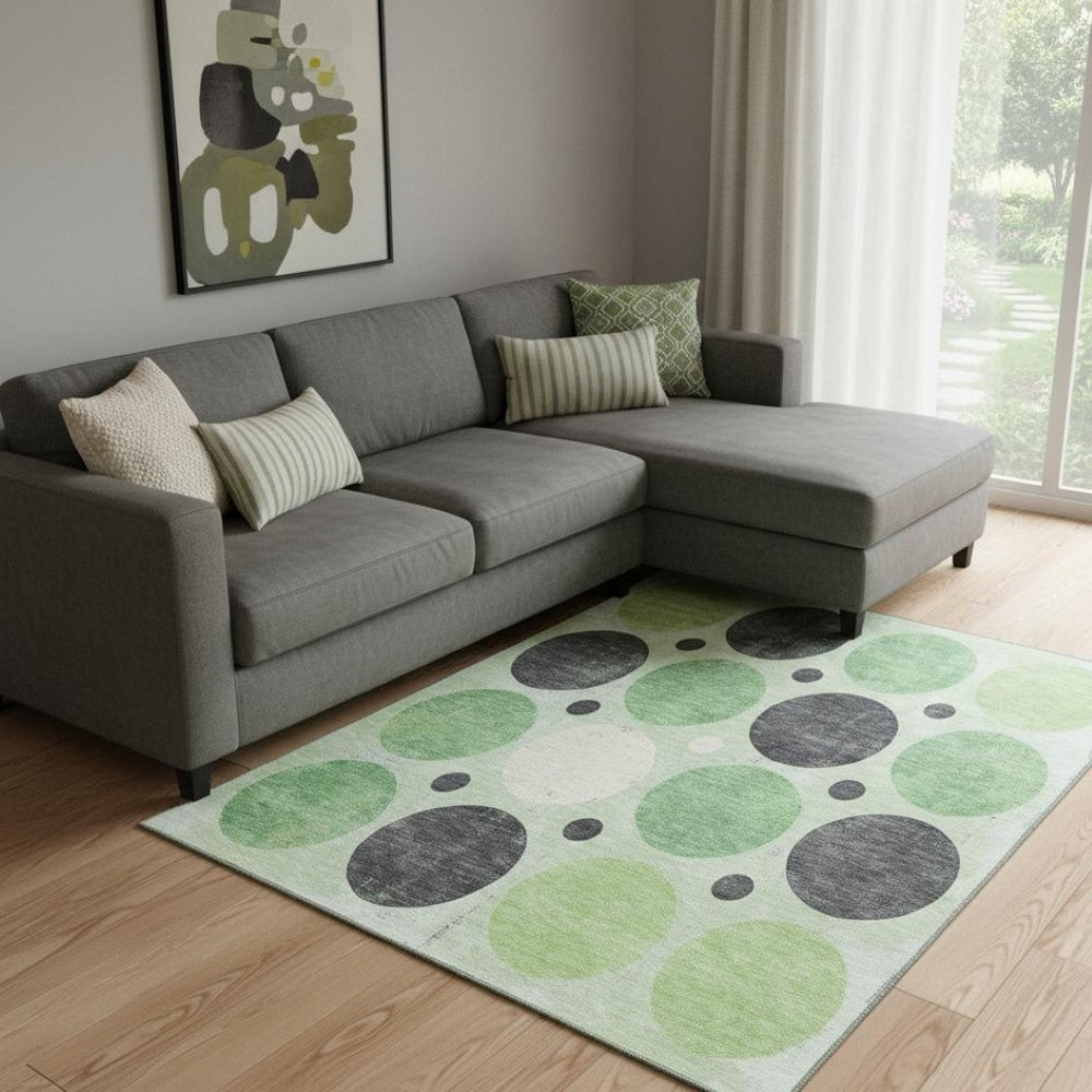 HomeRoots 9' X 12' Geometric Washable Area Rug in Green, Ivory & Charcoal - UV Protected & Durable Design 709155