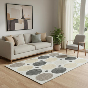 HomeRoots 8' Stylish Ivory, Charcoal & Beige Geometric Washable Round Rug with UV Protection & Durability 709159