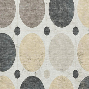 HomeRoots 8' Stylish Ivory, Charcoal & Beige Geometric Washable Round Rug with UV Protection & Durability 709159