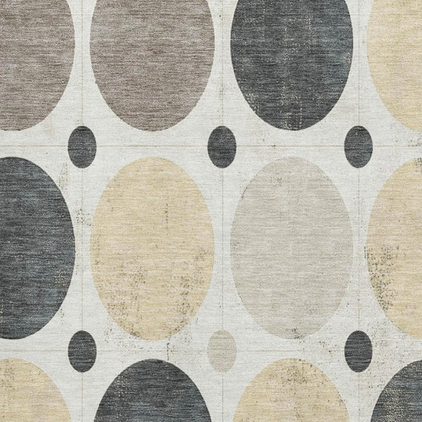 HomeRoots 8' Stylish Ivory, Charcoal & Beige Geometric Washable Round Rug with UV Protection & Durability 709159