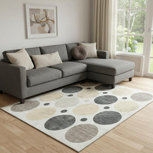 HomeRoots 9' X 12' Ivory Charcoal Beige Geometric Washable Area Rug – Durable, UV-Protected & Stylish Decor 709161