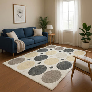 HomeRoots 9' X 12' Ivory Charcoal Beige Geometric Washable Area Rug – Durable, UV-Protected & Stylish Decor 709161
