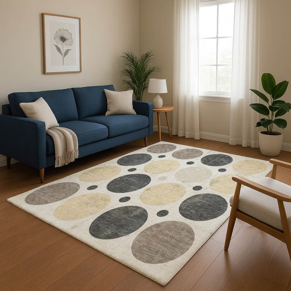 HomeRoots 9' X 12' Ivory Charcoal Beige Geometric Washable Area Rug – Durable, UV-Protected & Stylish Decor 709161