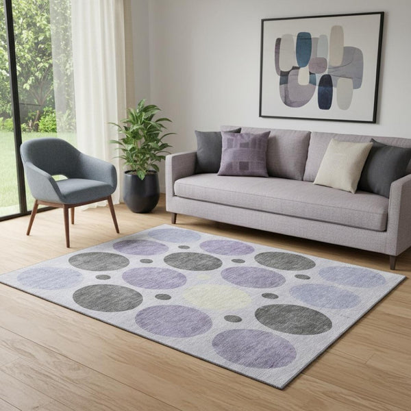 HomeRoots 8' Stylish Lavender Charcoal Ivory Geometric Washable Round Rug - Durable, UV-Protected & Easy Care 709165