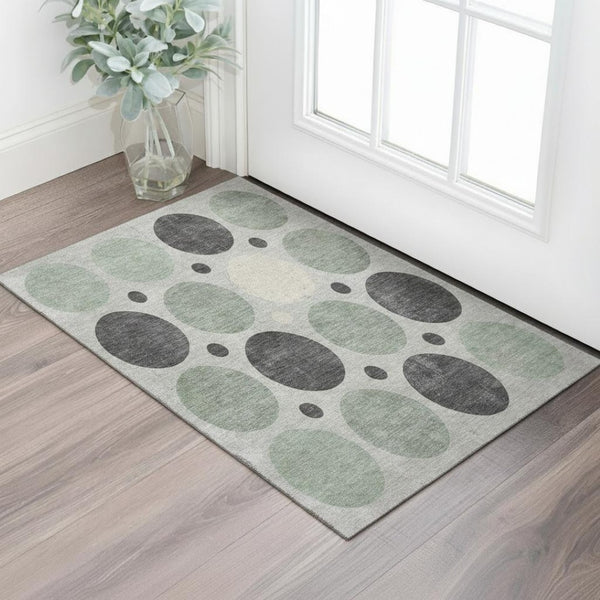 HomeRoots 5' X 8' Sage Charcoal & Ivory Geometric Washable Area Rug - Stylish, Durable, UV Protected Design! 709170