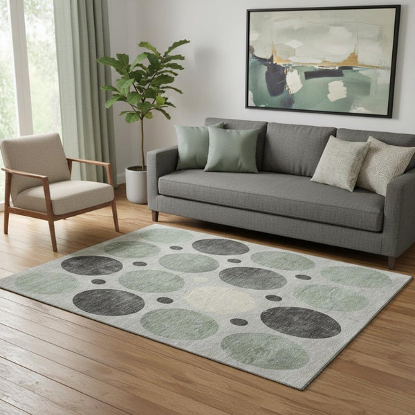 HomeRoots 8' Sage Charcoal and Ivory Geometric Washable Round Rug - UV Protected, Durable, and Stylish Design 709171