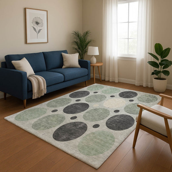 HomeRoots 9' X 12' Sage Charcoal Ivory Geometric Washable Area Rug - UV Protected, Stain Resistant & Modern Design 709173
