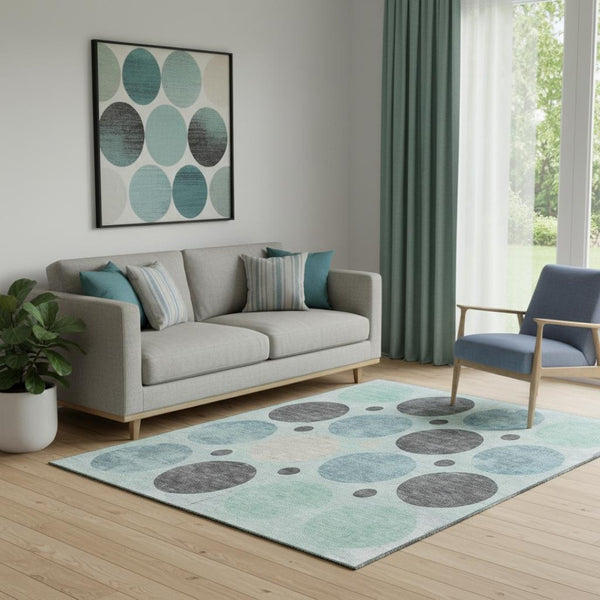 HomeRoots 8' Teal, Charcoal & Beige Round Rug - Washable, UV-Protected, Durable for High-Traffic Areas! 709177