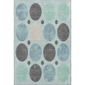HomeRoots 8' Teal, Charcoal & Beige Round Rug - Washable, UV-Protected, Durable for High-Traffic Areas! 709177