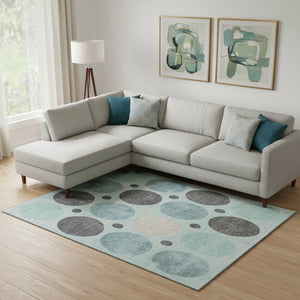 HomeRoots 10' X 14' Teal Charcoal Beige Geometric Area Rug - Washable, Stain-Resistant, UV Protection & Non-Slip 709180