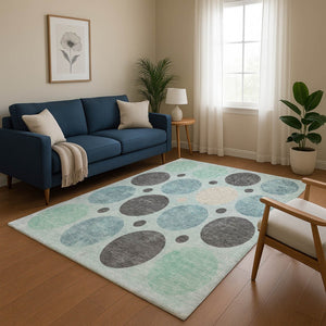 HomeRoots 10' X 14' Teal Charcoal Beige Geometric Area Rug - Washable, Stain-Resistant, UV Protection & Non-Slip 709180