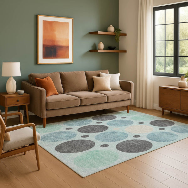 HomeRoots 10' X 14' Teal Charcoal Beige Geometric Area Rug - Washable, Stain-Resistant, UV Protection & Non-Slip 709180