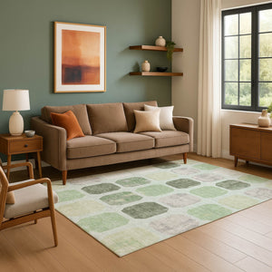 HomeRoots 5' X 8' Artichoke Green Geometric Area Rug - Washable, Stain-Resistant, UV-Protected for Homes 709182