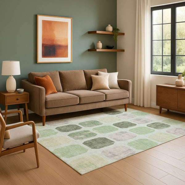 HomeRoots 5' X 8' Artichoke Green Geometric Area Rug - Washable, Stain-Resistant, UV-Protected for Homes 709182