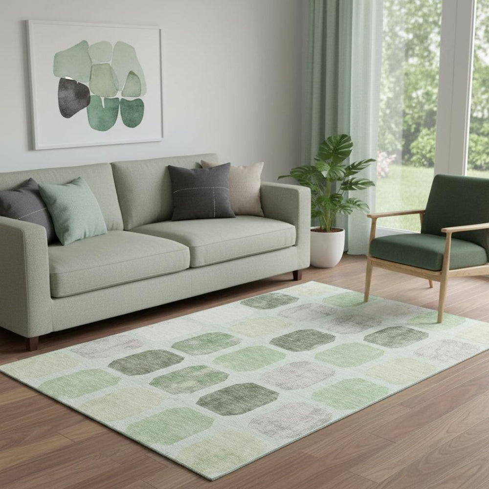 HomeRoots 8' Stylish Artichoke Green, Gray & Ivory Geometric Washable Round Rug with UV Protection & Stain Resistance 709183