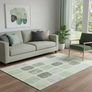 HomeRoots 8' Stylish Artichoke Green, Gray & Ivory Geometric Washable Round Rug with UV Protection & Stain Resistance 709183