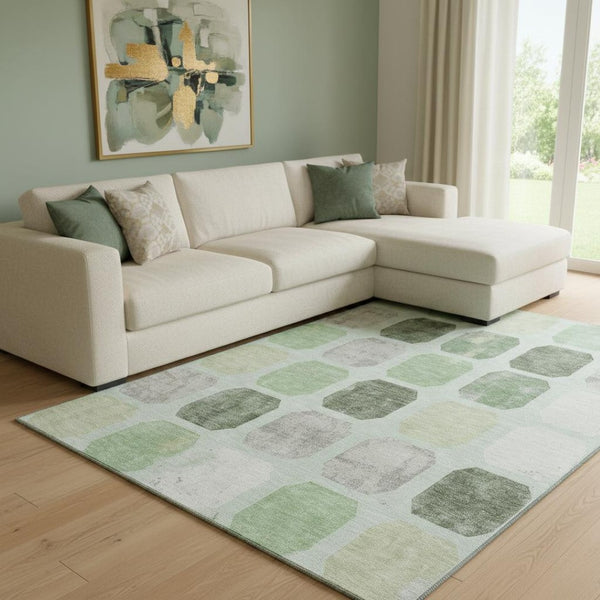 HomeRoots 9' X 12' Geometric Area Rug in Artichoke Green, Gray & Ivory - Washable, UV-Protected & Stain-Resistant! 709185