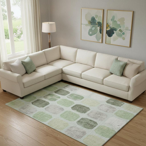 HomeRoots 10' X 14' Artichoke Green Geometric Washable Area Rug with UV Protection for Stylish Spaces 709186