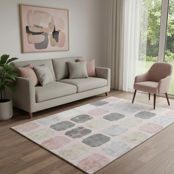 HomeRoots 8' Blush Charcoal Ivory Geometric Round Rug - Stylish, Washable, UV-Protected for Everyday Living 709189