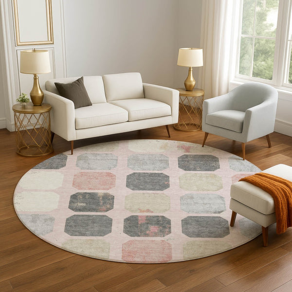 HomeRoots 8' X 10' Stylish Blush Charcoal Ivory Geometric Washable Area Rug with UV Protection & Non-Slip Backing 709190