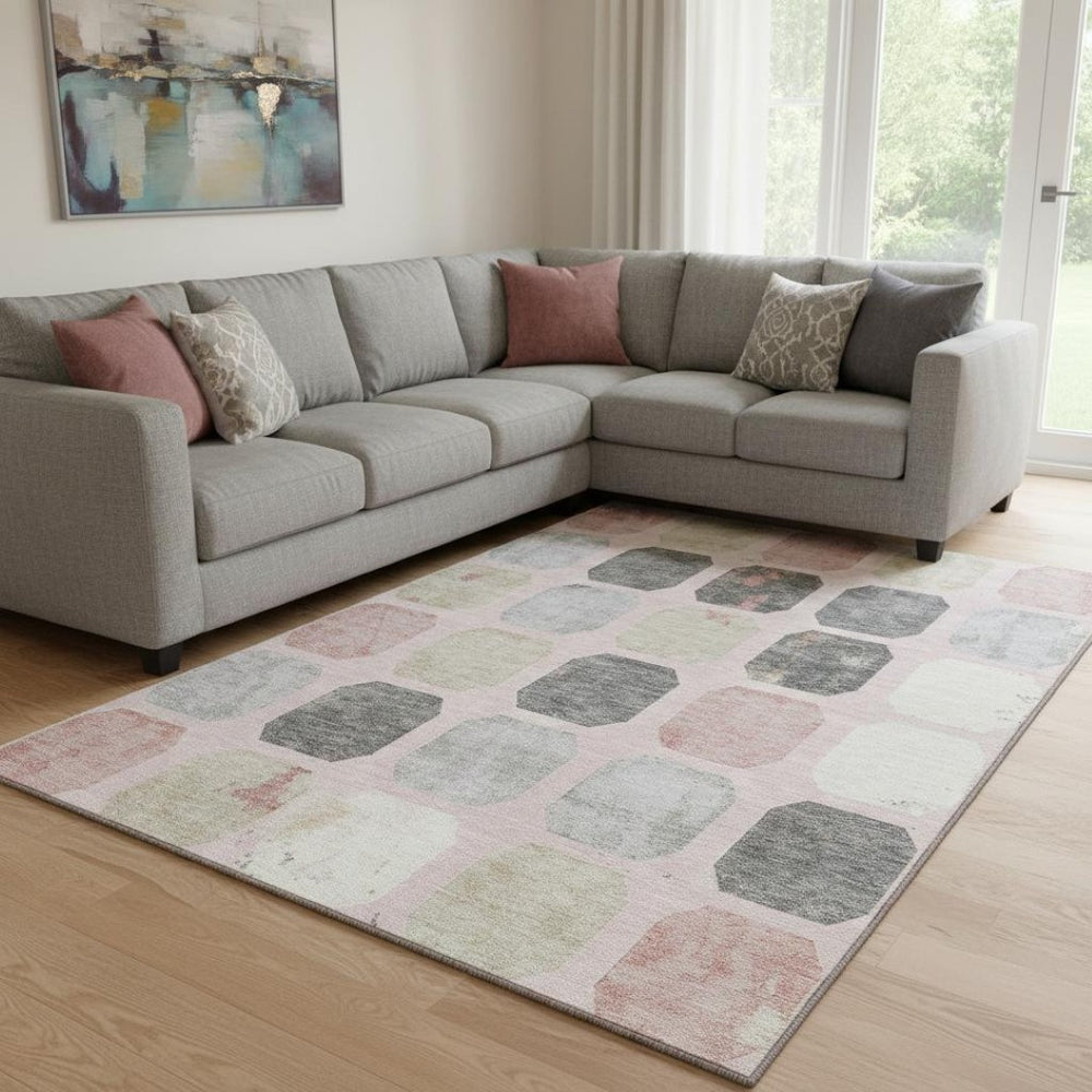 HomeRoots 9' X 12' Washable Blush Charcoal Ivory Geometric Area Rug with UV Protection for Modern Spaces 709191