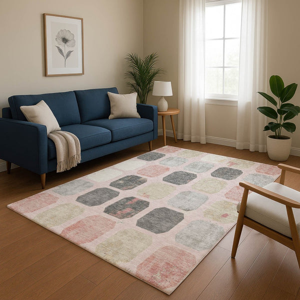 HomeRoots 9' X 12' Washable Blush Charcoal Ivory Geometric Area Rug with UV Protection for Modern Spaces 709191
