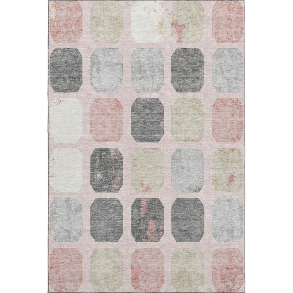 HomeRoots 9' X 12' Washable Blush Charcoal Ivory Geometric Area Rug with UV Protection for Modern Spaces 709191