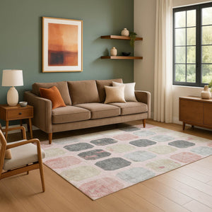 HomeRoots 9' X 12' Washable Blush Charcoal Ivory Geometric Area Rug with UV Protection for Modern Spaces 709191