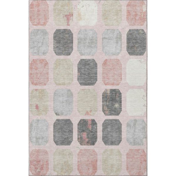 HomeRoots 9' X 12' Washable Blush Charcoal Ivory Geometric Area Rug with UV Protection for Modern Spaces 709191
