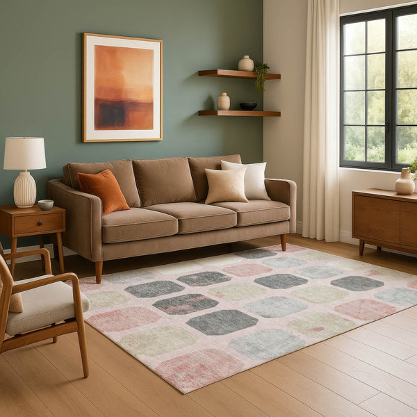HomeRoots 10' X 14' Blush Charcoal Ivory Geometric Area Rug - Washable, UV-Protected, Perfect for Families! 709192