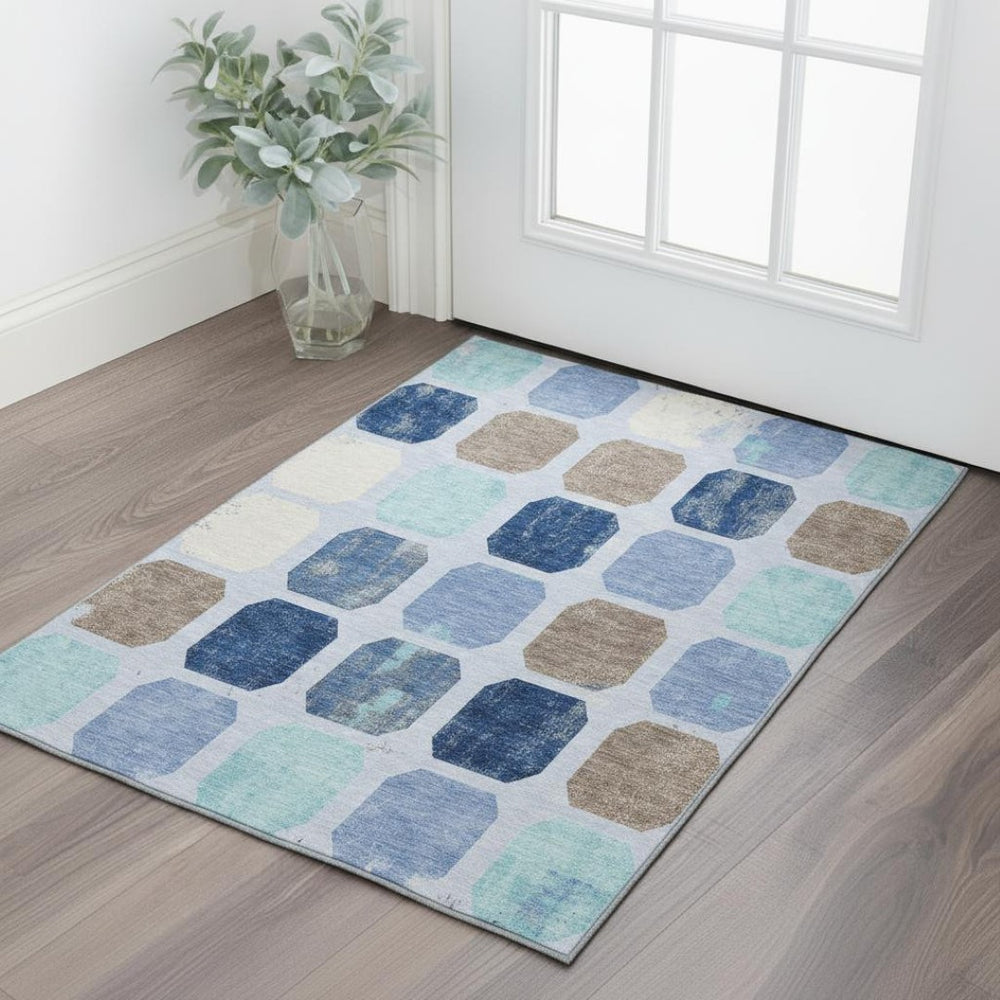 HomeRoots 5' X 8' Stylish Denim Blue, Brown & Teal Geometric Area Rug - Washable, UV Protected & Non-Slip Design 709194