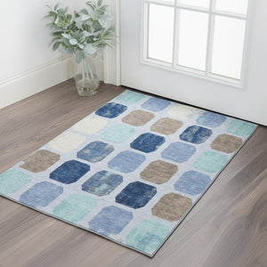 HomeRoots 5' X 8' Stylish Denim Blue, Brown & Teal Geometric Area Rug - Washable, UV Protected & Non-Slip Design 709194