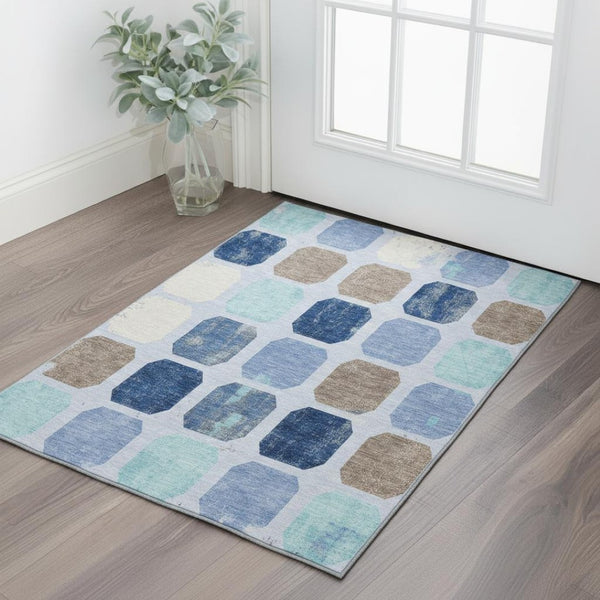 HomeRoots 5' X 8' Stylish Denim Blue, Brown & Teal Geometric Area Rug - Washable, UV Protected & Non-Slip Design 709194