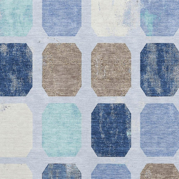 HomeRoots 5' X 8' Stylish Denim Blue, Brown & Teal Geometric Area Rug - Washable, UV Protected & Non-Slip Design 709194
