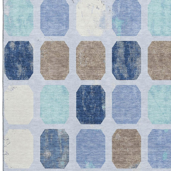 HomeRoots 5' X 8' Stylish Denim Blue, Brown & Teal Geometric Area Rug - Washable, UV Protected & Non-Slip Design 709194